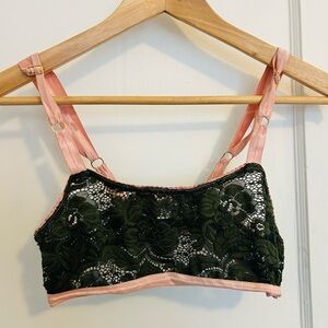Solstice Intimates LACE CROSSBACK BRALETTE  Size L Taiga Forest Green Pink trim